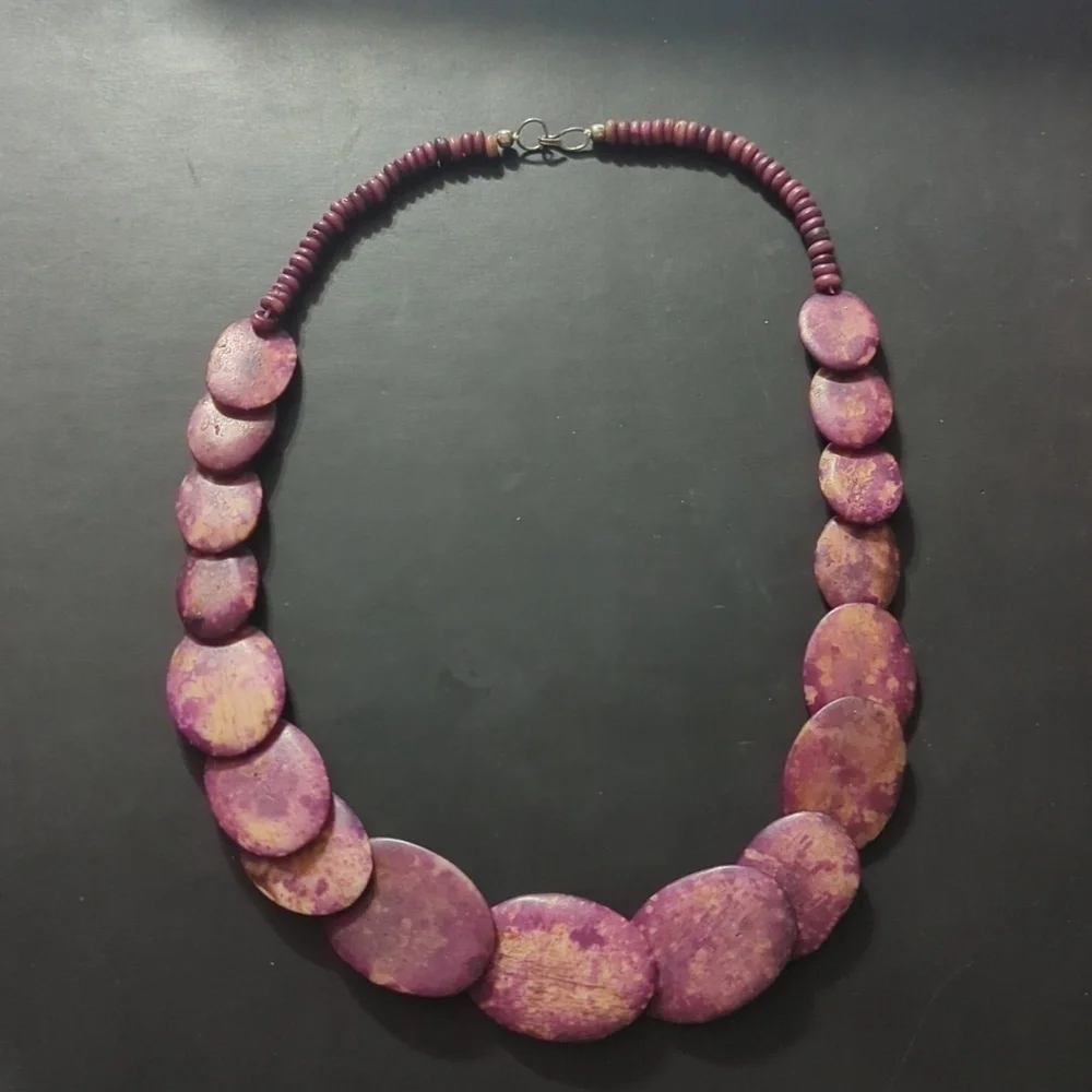 Purple Tagua Nut Flat Oval Beaded Statement Necklace